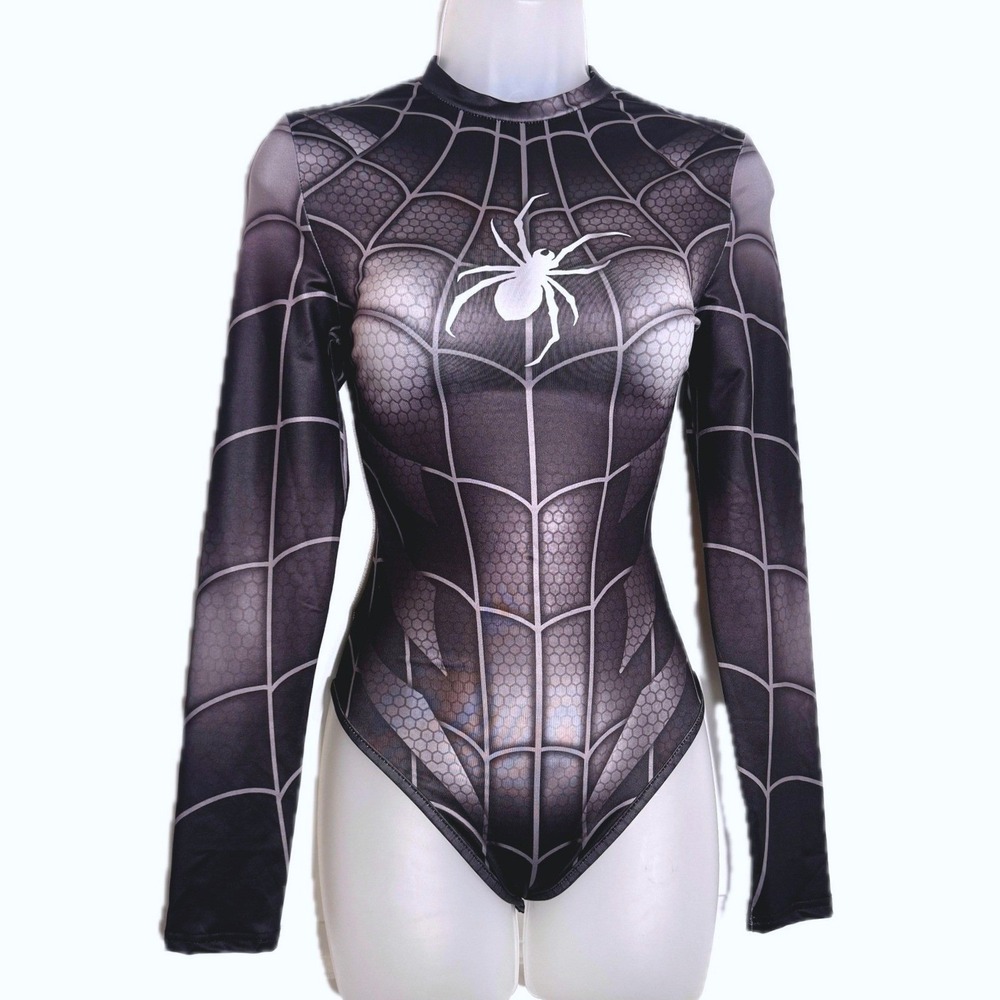 New XS Black Spider Web Long Sleeve Bodysuit Spiderman Superhero Costume